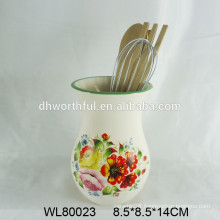 Modern ceramic utensil holder with flower decal